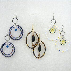Set of Handcrafted BOHO Hippie style Large Glass Beaded Hoop Earrings  2.5in